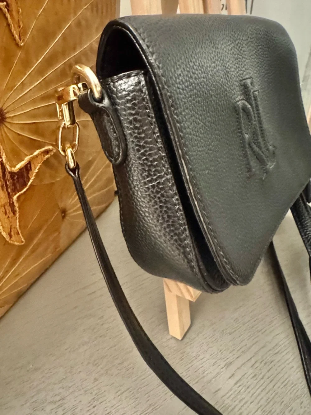 Lauren Ralph Lauren Black Pebbled Leather Crossbody Tassel Bag